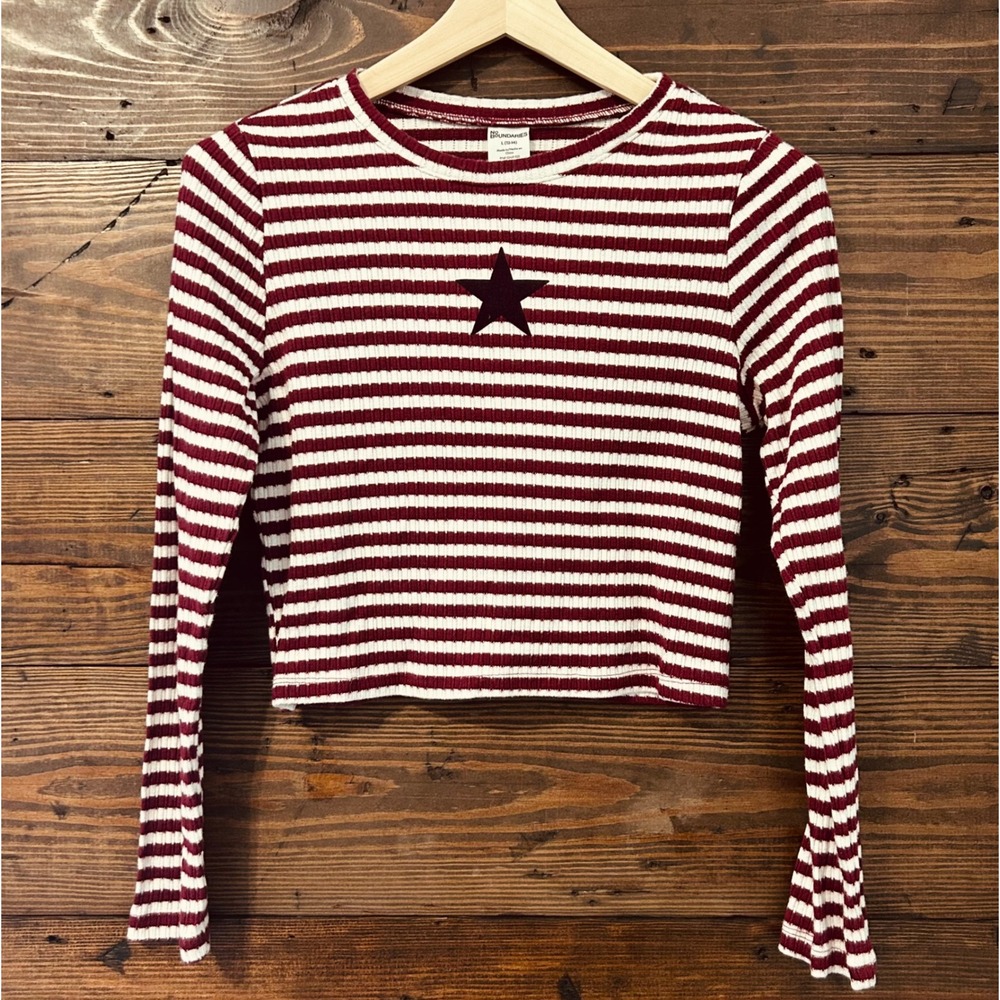 Ribbed Crop Top Women L Burgundy White Striped Star No Boundaries Y2K Americana